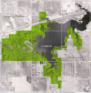 Map of Patterson Lake recreation area highlighted in green the areas where hunting is allowed.