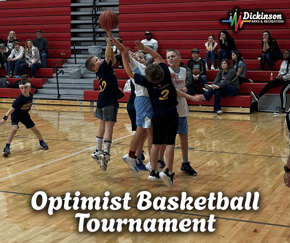 Optimist Basketball Tournament photo showing youth basketball players on the court.
