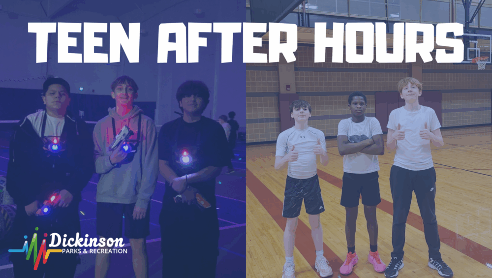 photo of three boys holding laser tag guns and three boys posing on the basketball court